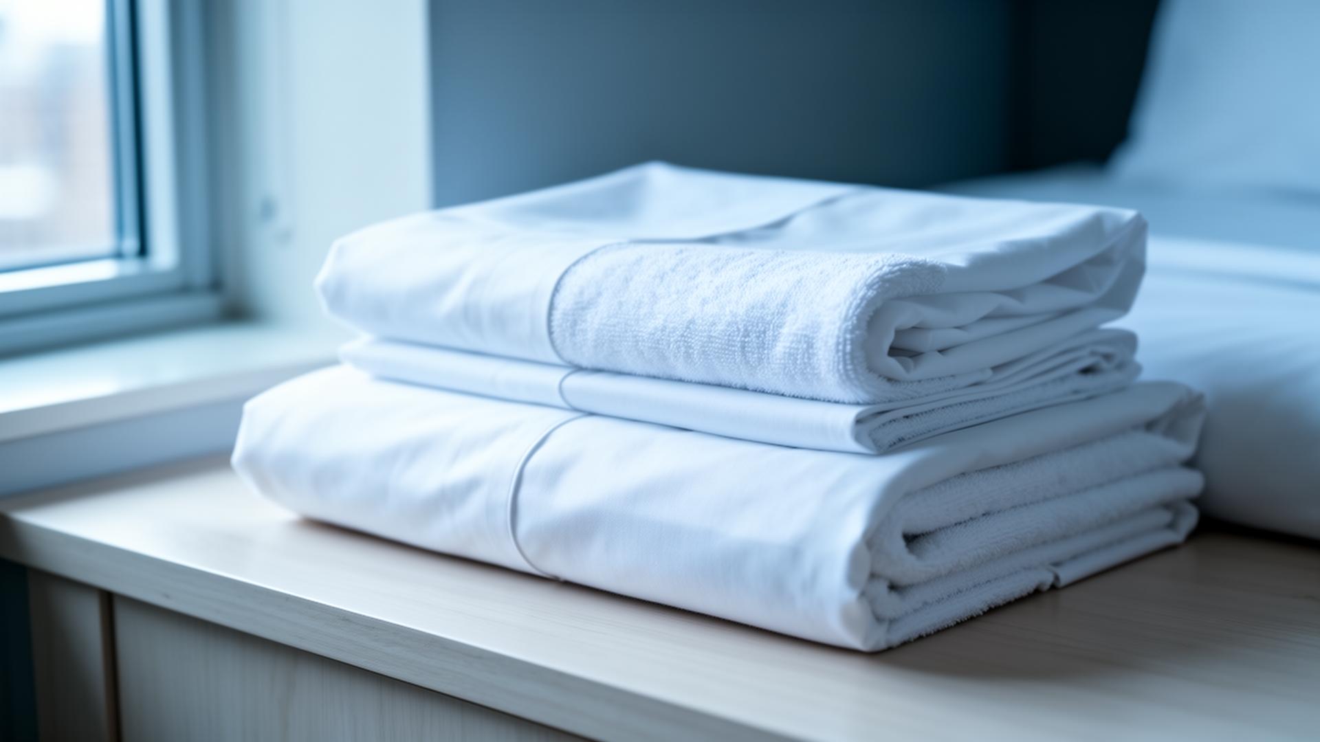 Folded fresh white linens and plush towels prepared for Pittsburgh hotel, Airbnb, and spa laundry delivery