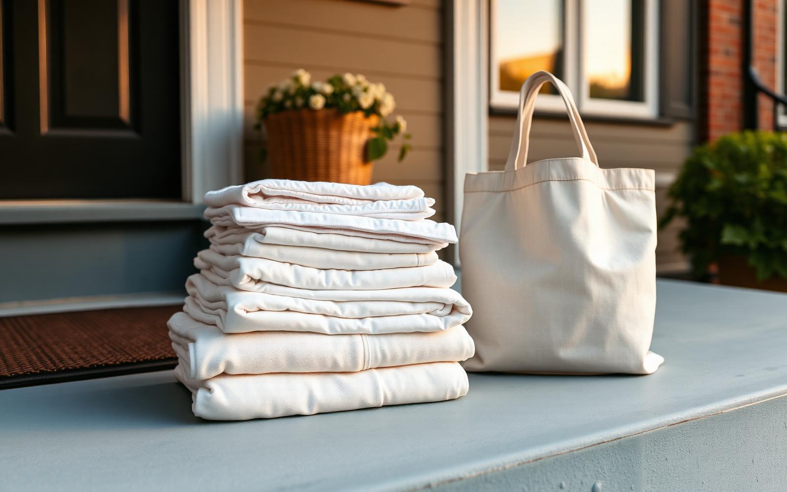 Fresh folded white linens and a cotton laundry tote on a Pittsburgh row-house front porch at golden hour