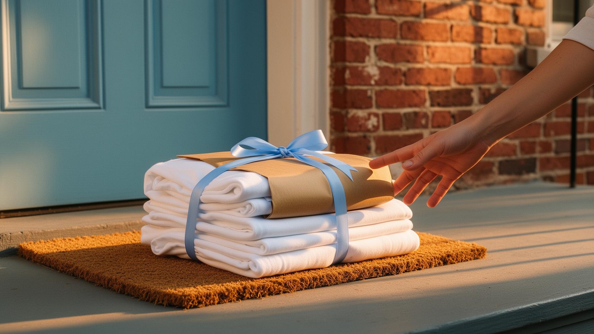 A hand placing a kraft-paper laundry bag at the door of a Pittsburgh townhouse for FreshLoop pickup